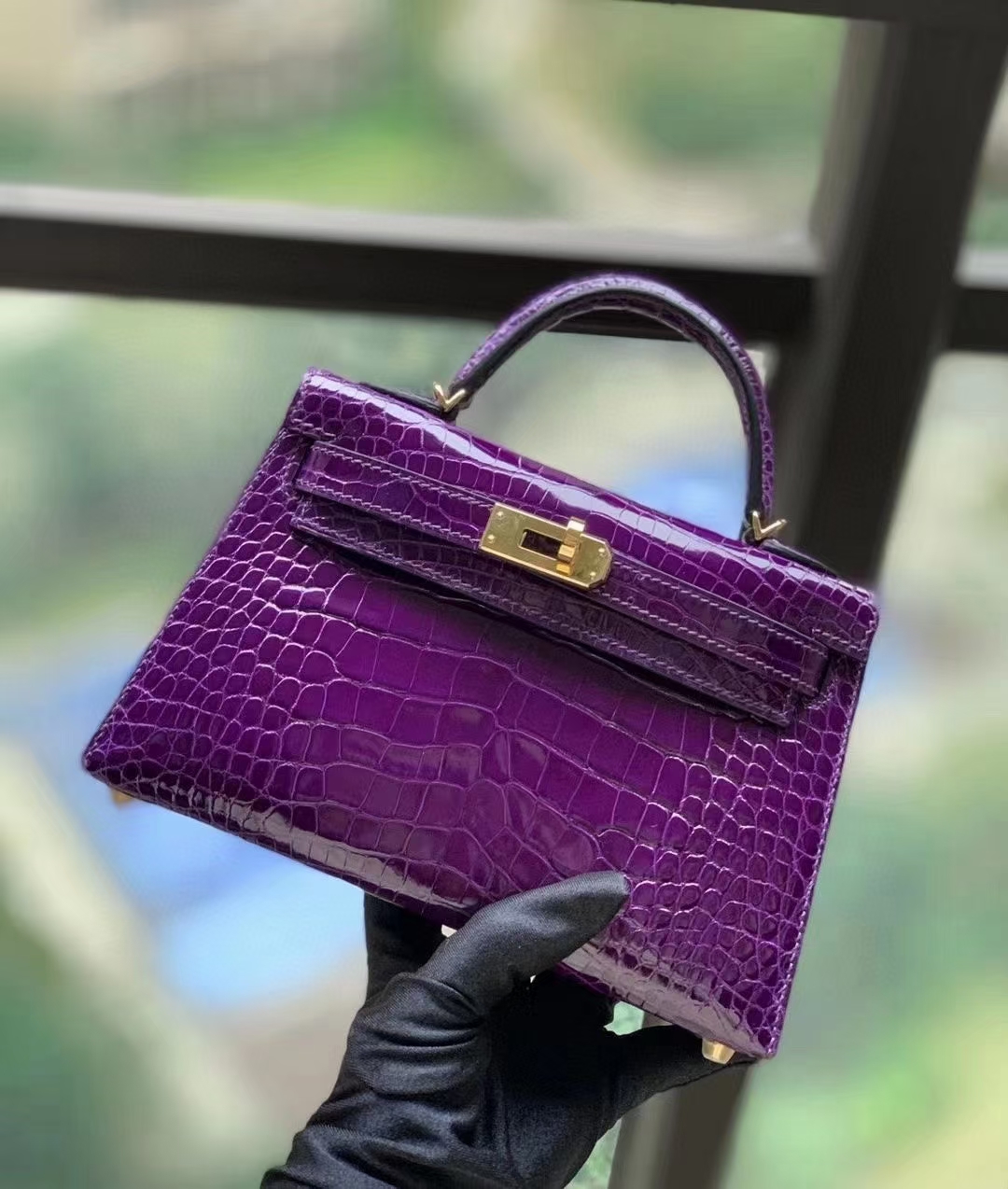 Hermès（爱马仕）9G水晶紫 美洲鳄亮光 mini Kelly 二代  金扣