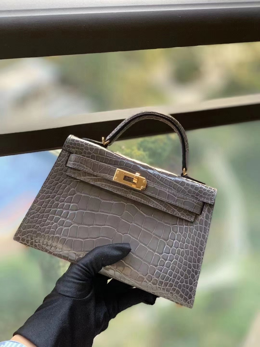 Hermès（爱马仕）M8沥青灰 原厂御用顶级鳄鱼皮 mini Kelly 二代 金扣 银扣