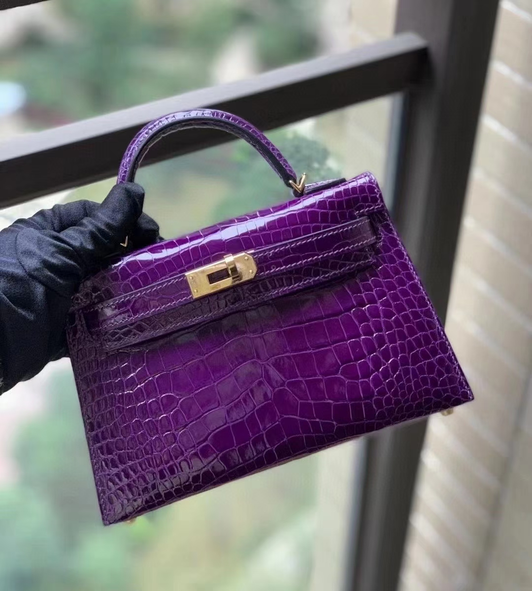 Hermès（爱马仕）9G水晶紫 美洲鳄亮光 mini Kelly 二代  金扣