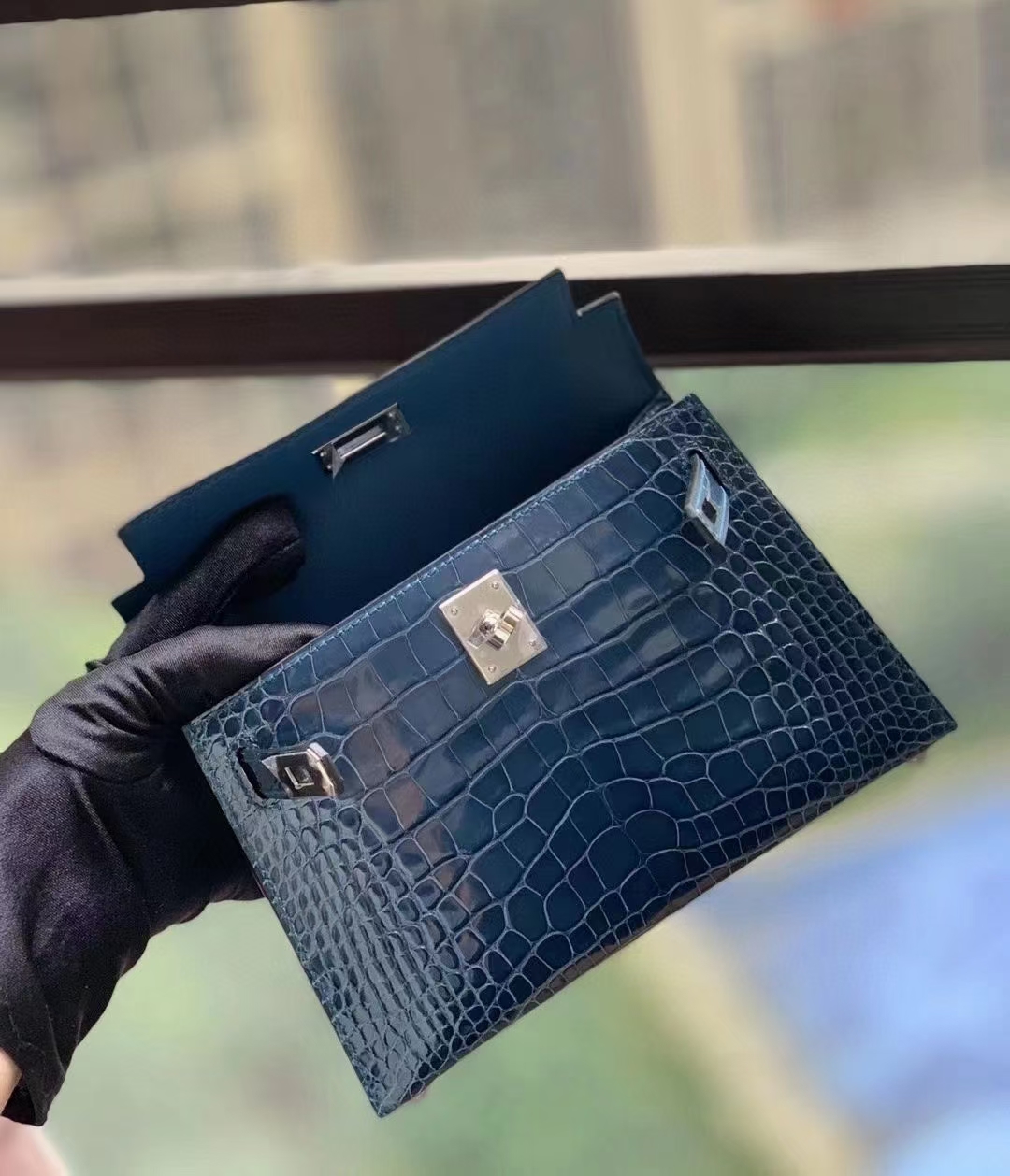 Hermès（爱马仕）N7风暴蓝 美洲鳄 Mini Kelly 二代 银扣