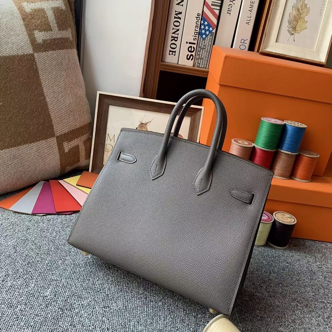 Hermès（爱马仕）8F锡器灰 原厂御用顶级Epsom 皮 Birkin 25 外缝 金扣