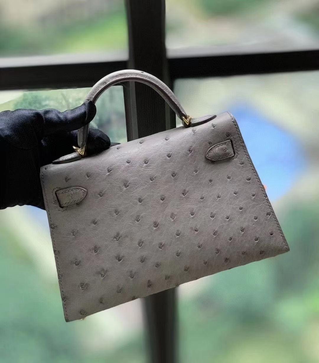 Hermès（爱马仕）M8沥青灰 KK鸵鸟皮 Mini Kelly 二代  金扣
