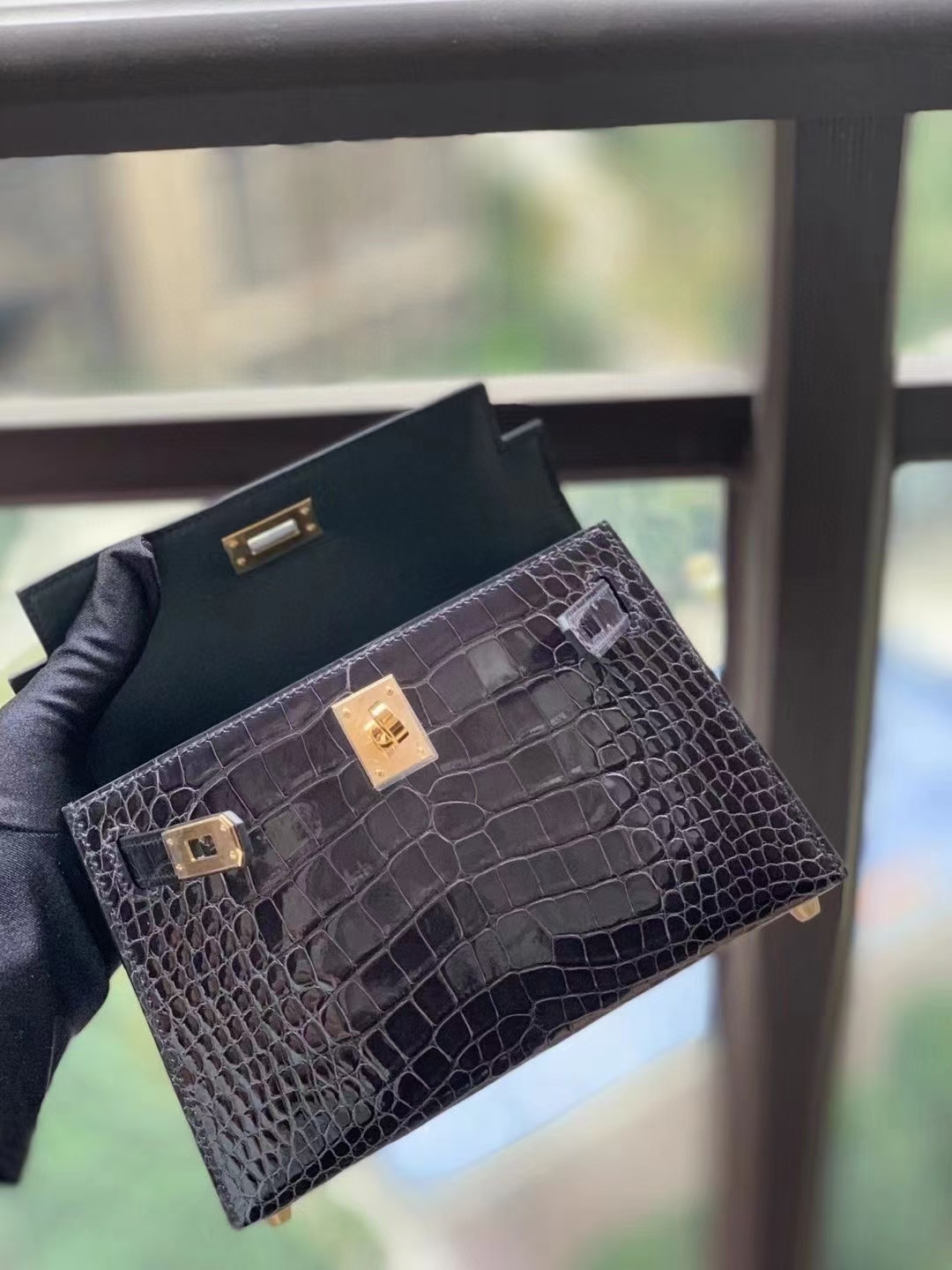 Hermès（爱马仕）CC88 石墨灰 美洲鳄 Mini Kelly 二代 金扣