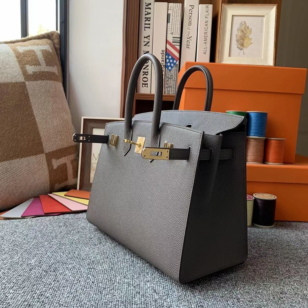 Hermès（爱马仕）8F锡器灰 原厂御用顶级Epsom 皮 Birkin 25 外缝 金扣