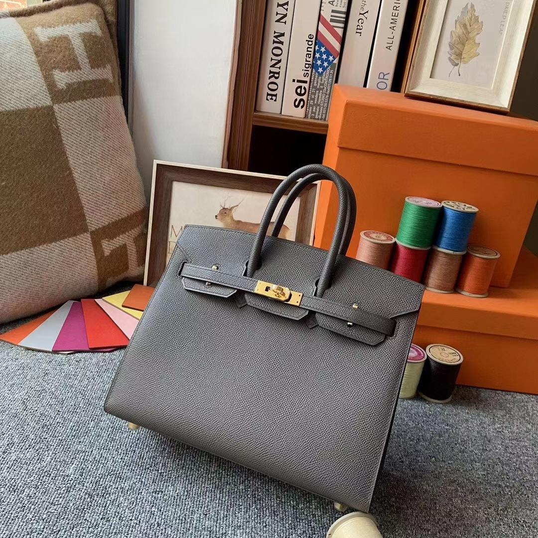 Hermès（爱马仕）8F锡器灰 原厂御用顶级Epsom 皮 Birkin 25 外缝 金扣