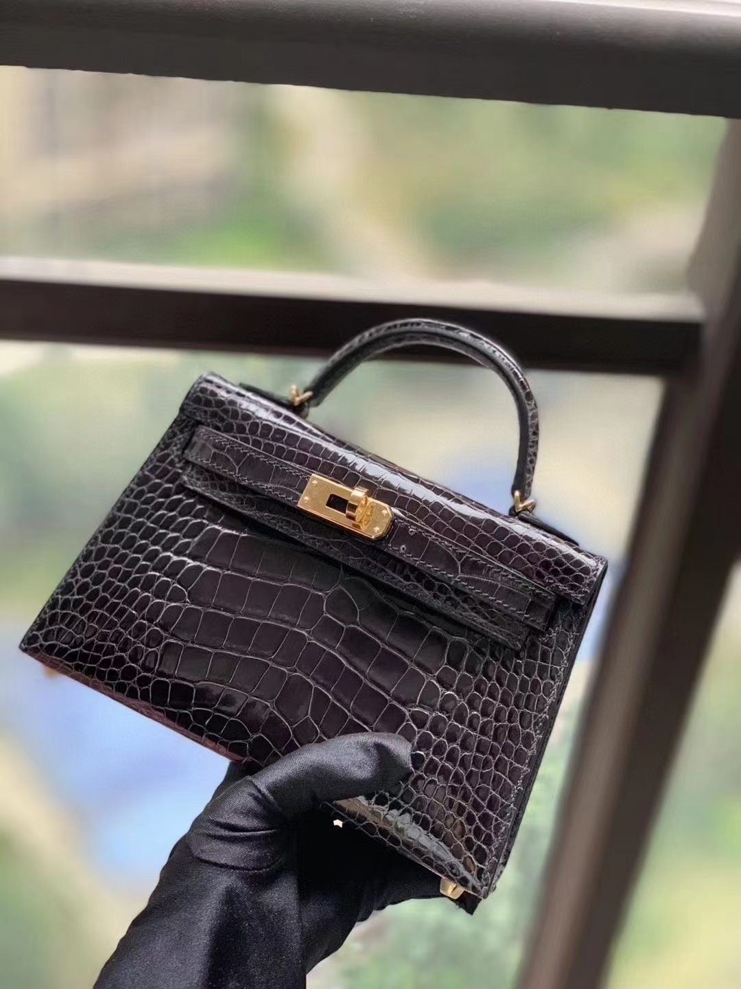 Hermès（爱马仕）CC88 石墨灰 美洲鳄 Mini Kelly 二代 金扣