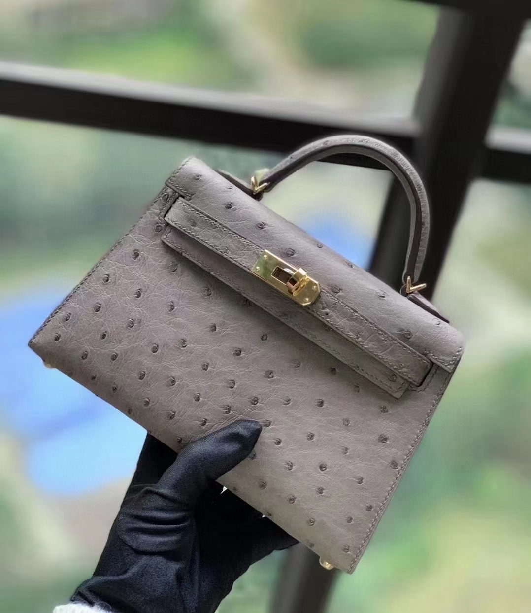 Hermès（爱马仕）M8沥青灰 KK鸵鸟皮 Mini Kelly 二代  金扣