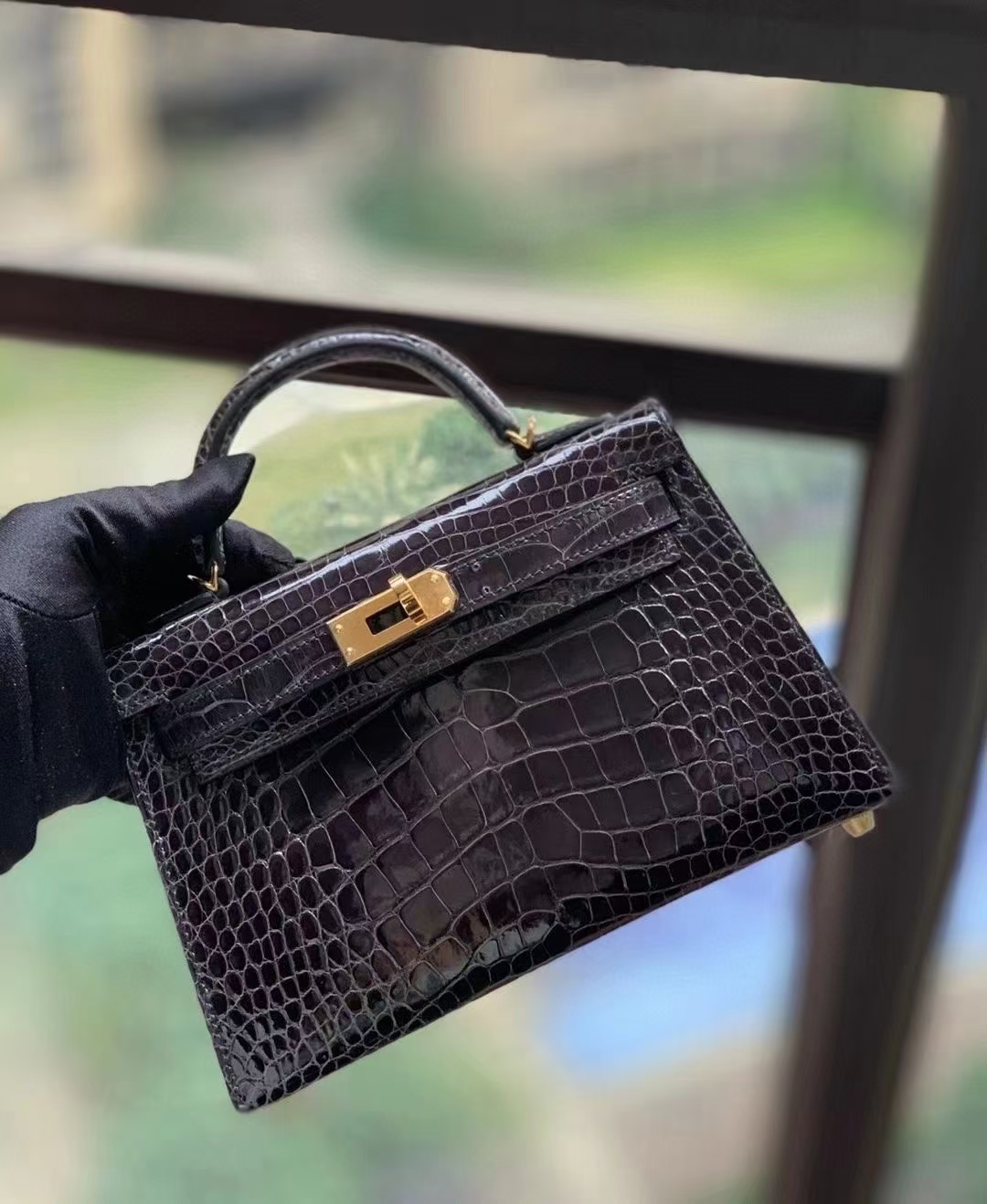 Hermès（爱马仕）CC88 石墨灰 美洲鳄 Mini Kelly 二代 金扣