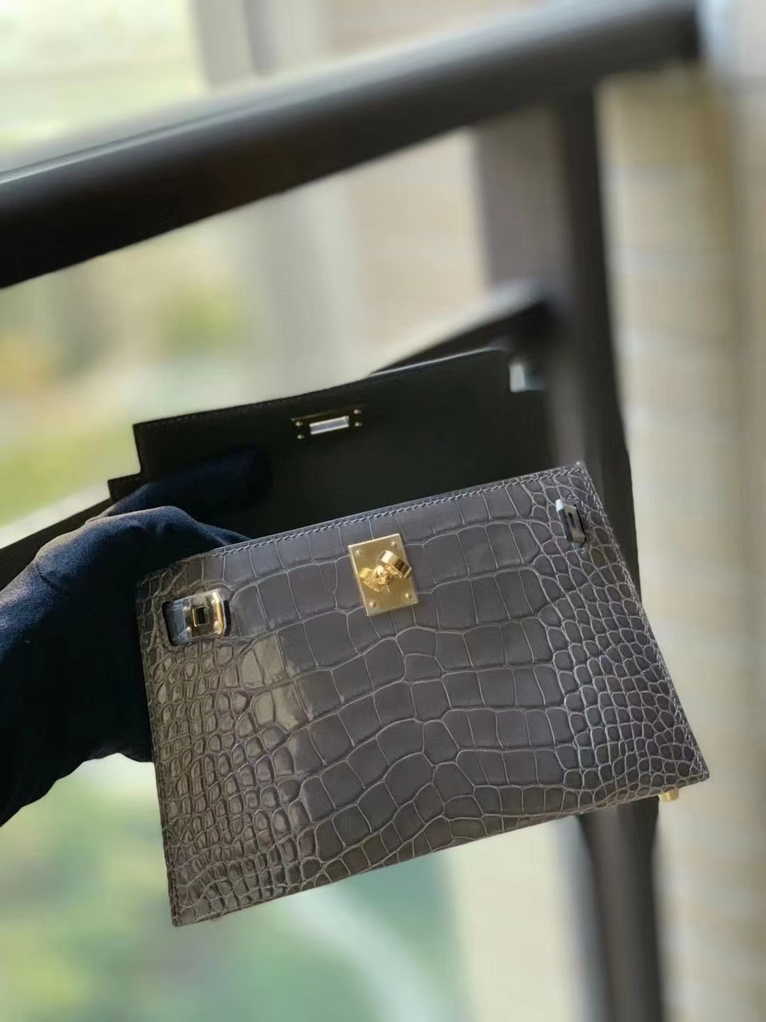 Hermès（爱马仕）M8沥青灰 原厂御用顶级鳄鱼皮 mini Kelly 二代 金扣 银扣