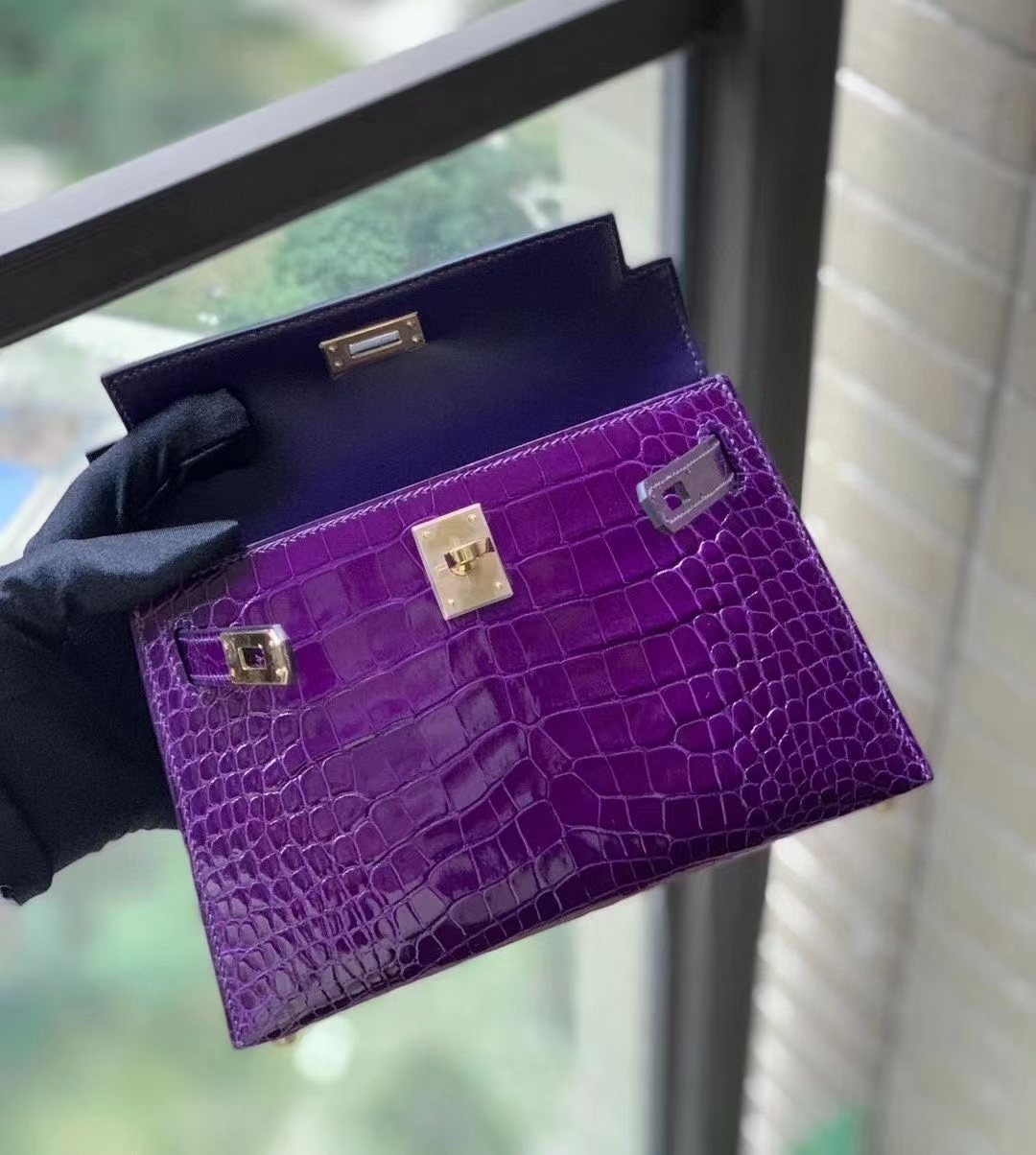 Hermès（爱马仕）9G水晶紫 美洲鳄亮光 mini Kelly 二代  金扣