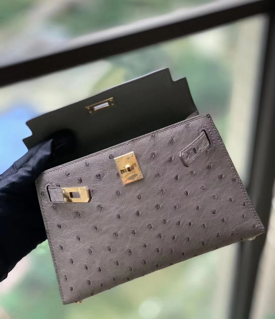 Hermès（爱马仕）M8沥青灰 KK鸵鸟皮 Mini Kelly 二代  金扣
