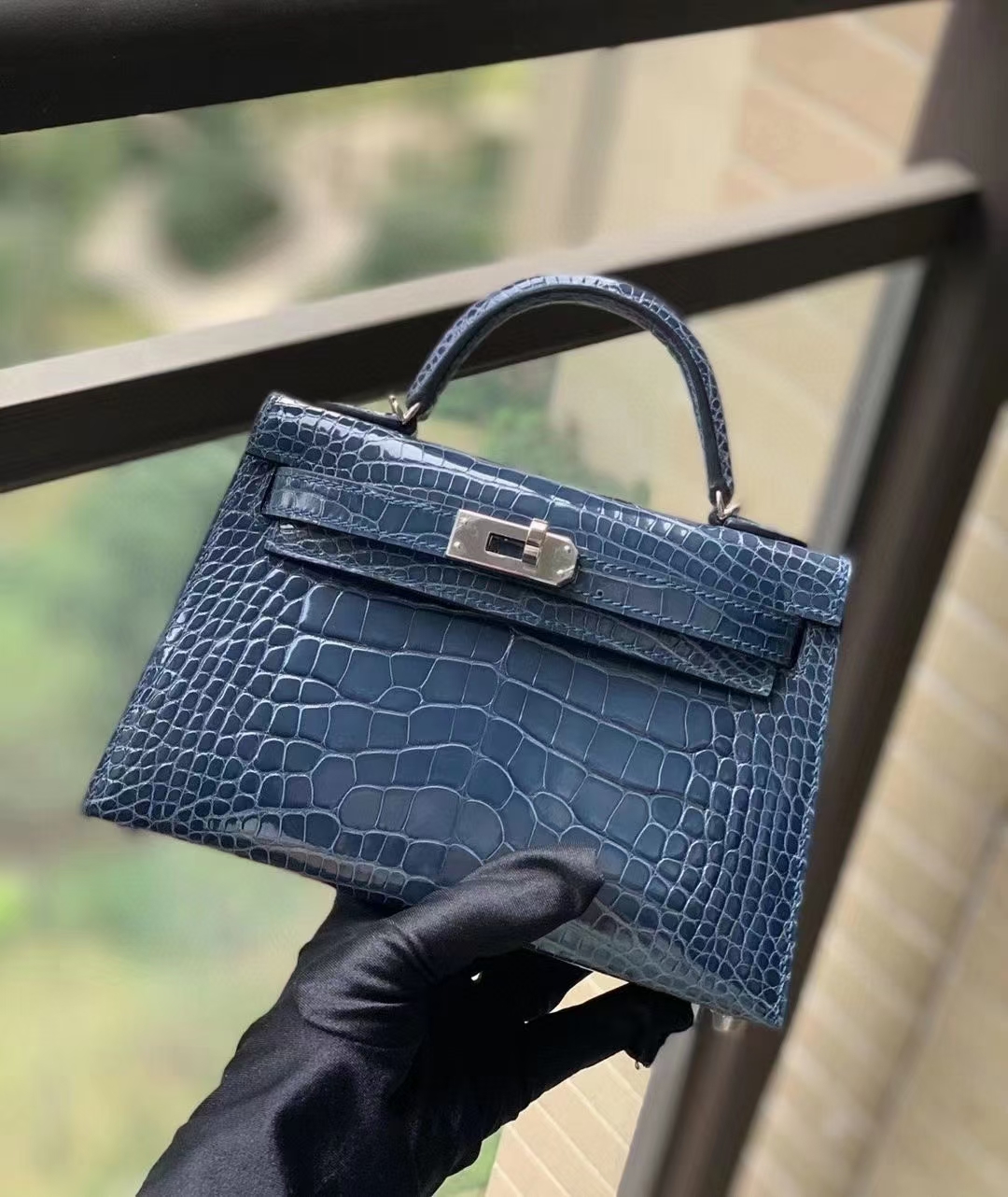 Hermès（爱马仕）N7风暴蓝 美洲鳄 Mini Kelly 二代 银扣