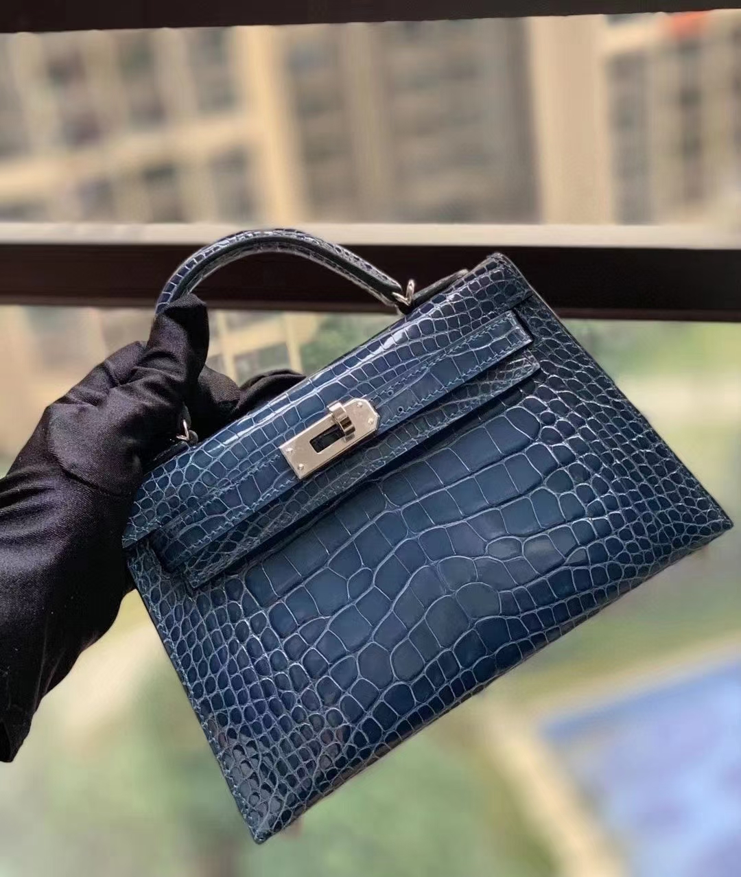 Hermès（爱马仕）N7风暴蓝 美洲鳄 Mini Kelly 二代 银扣