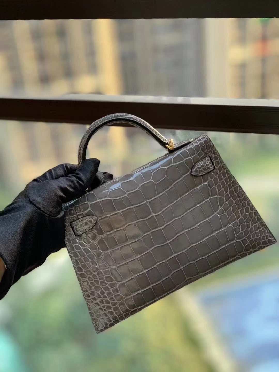 Hermès（爱马仕）M8沥青灰 原厂御用顶级鳄鱼皮 mini Kelly 二代 金扣 银扣