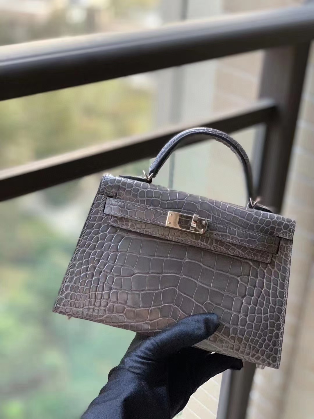 Hermès（爱马仕）M8沥青灰 原厂御用顶级鳄鱼皮 mini Kelly 二代 金扣 银扣