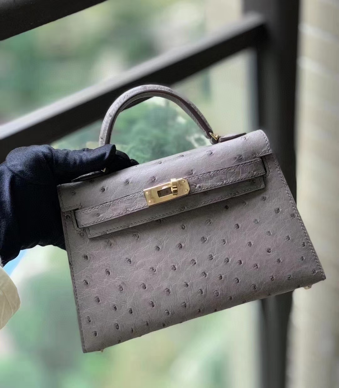 Hermès（爱马仕）M8沥青灰 KK鸵鸟皮 Mini Kelly 二代  金扣