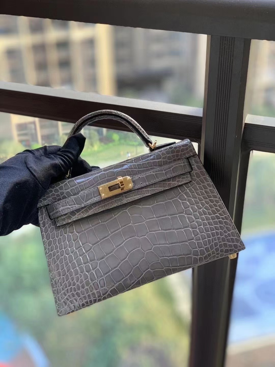 Hermès（爱马仕）M8沥青灰 原厂御用顶级鳄鱼皮 mini Kelly 二代 金扣 银扣