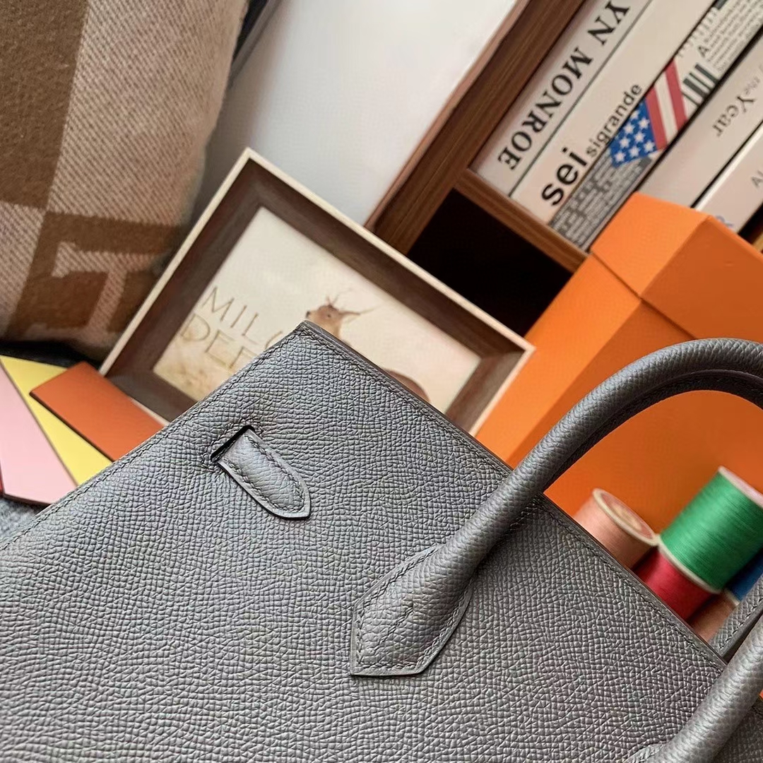 Hermès（爱马仕）8F锡器灰 原厂御用顶级Epsom 皮 Birkin 25 外缝 金扣