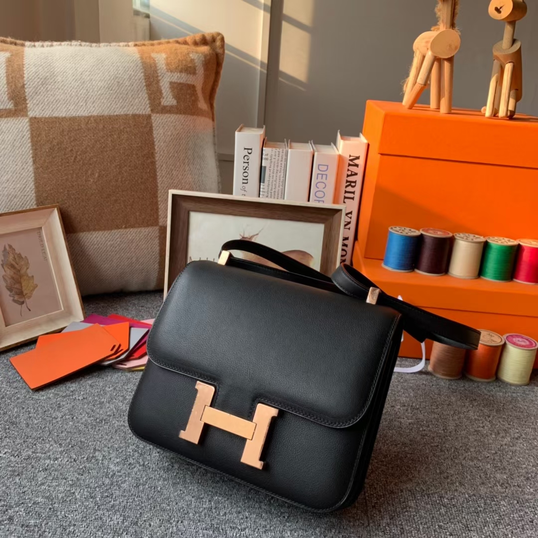 Hermès（爱马仕）Constance 空姐包 黑色 原厂御用顶级Ever Color 皮 玫瑰金扣 24cm