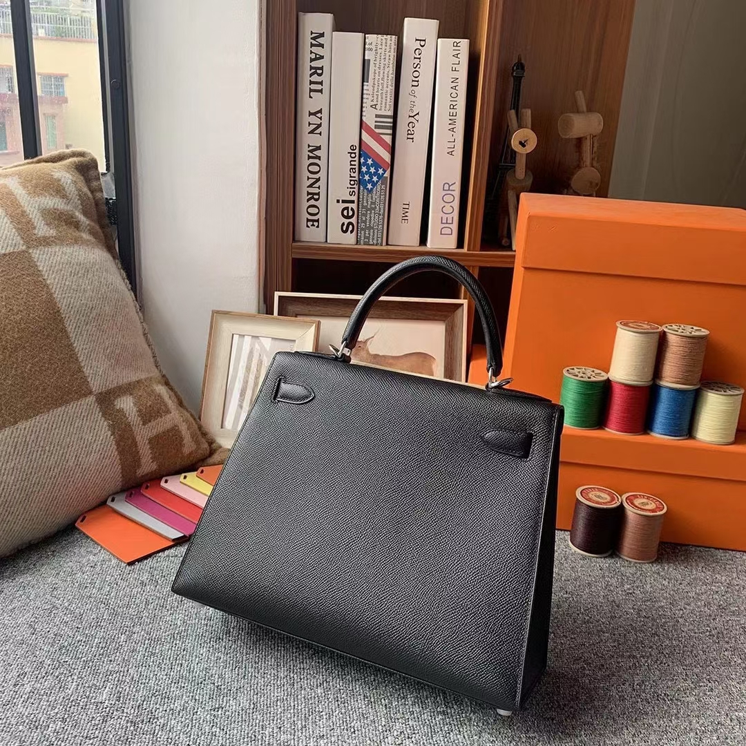 Hermès（爱马仕）Kelly 凯莉包 CK89 黑色 原厂御用顶级Epsom 皮 28 外缝 金扣 银扣 现货
