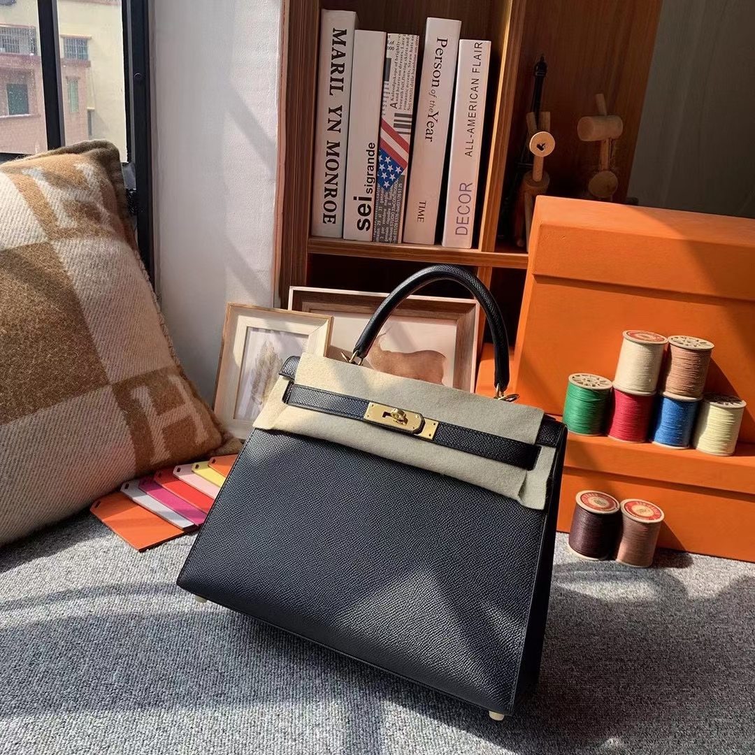Hermès（爱马仕）Kelly 凯莉包 CK89 黑色 原厂御用顶级Epsom 皮 28 外缝 金扣 银扣 现货