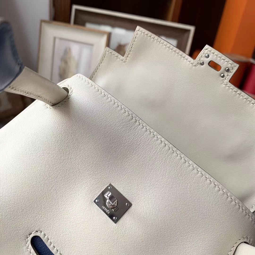 Hermès（爱马仕）Kelly doll 奶昔白拼玛瑙蓝 原厂御用顶级Swift 皮 银扣