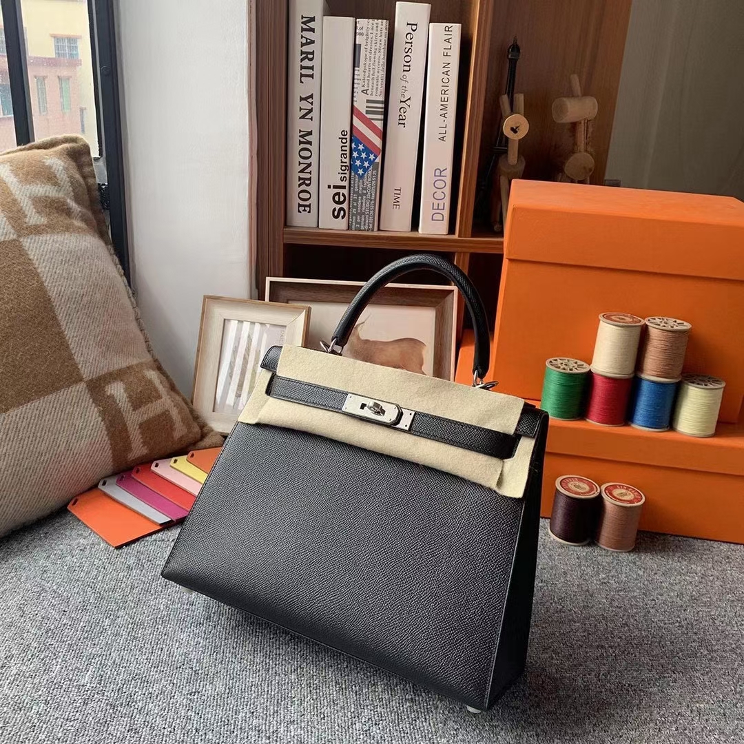 Hermès（爱马仕）Kelly 凯莉包 CK89 黑色 原厂御用顶级Epsom 皮 28 外缝 金扣 银扣 现货