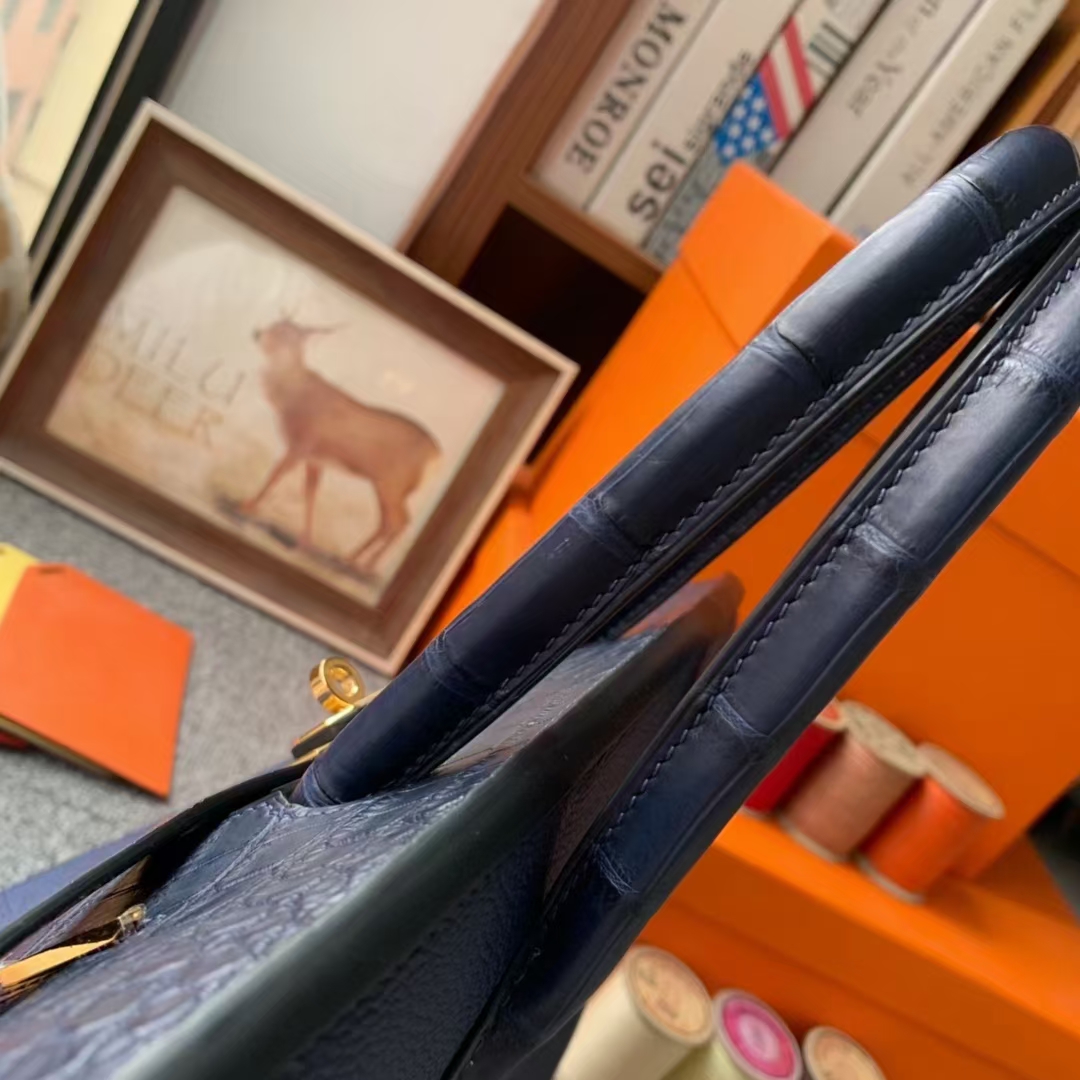 Hermès（爱马仕）Birkin 铂金包 午夜蓝 原厂御用顶级小牛皮拼鳄鱼皮 金扣 30cm
