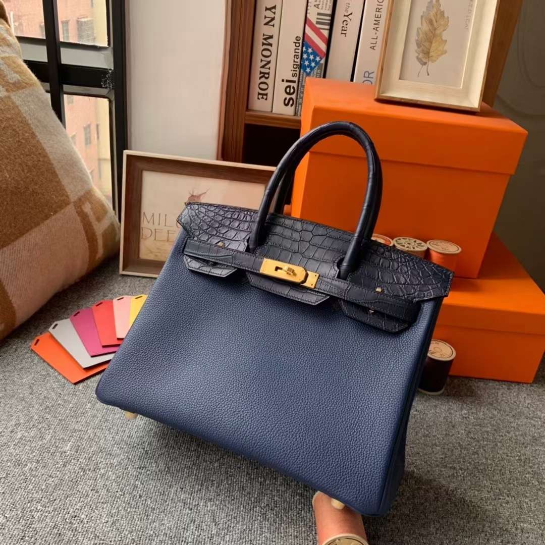 Hermès（爱马仕）Birkin 铂金包 午夜蓝 原厂御用顶级小牛皮拼鳄鱼皮 金扣 30cm