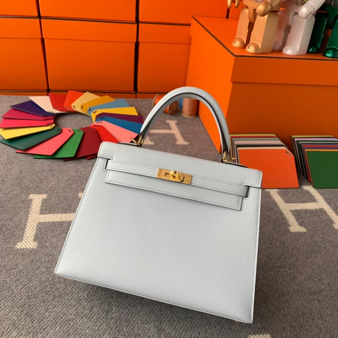 Hermès（爱马仕）Kelly 凯莉包 雾蓝色 原厂御用顶级Epsom皮 外缝 金扣 25cm