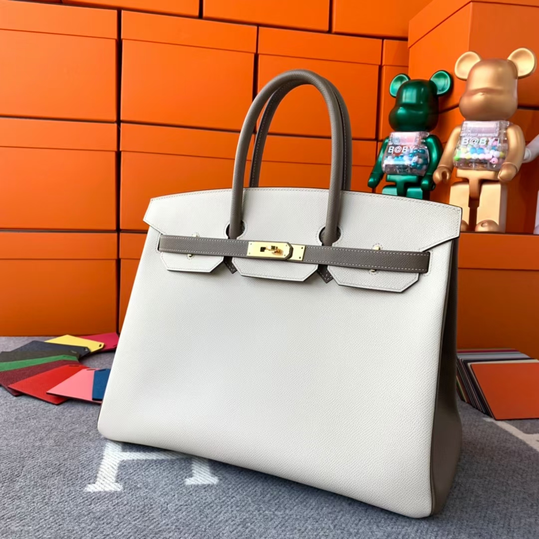 Hermès（爱马仕）Birkin 铂金包 奶昔白拼大象灰 原厂御用顶级Epsom皮 金扣 35cm
