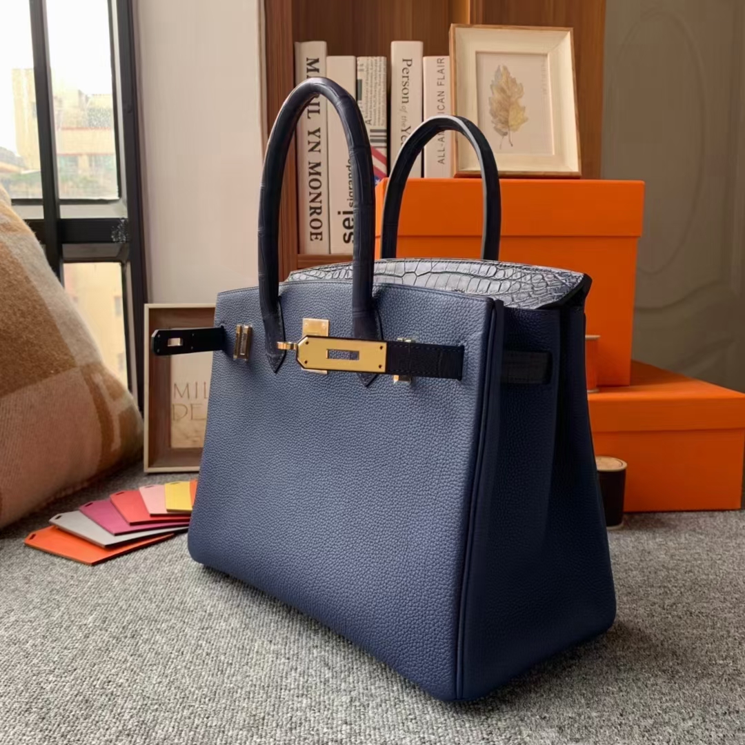 Hermès（爱马仕）Birkin 铂金包 午夜蓝 原厂御用顶级小牛皮拼鳄鱼皮 金扣 30cm