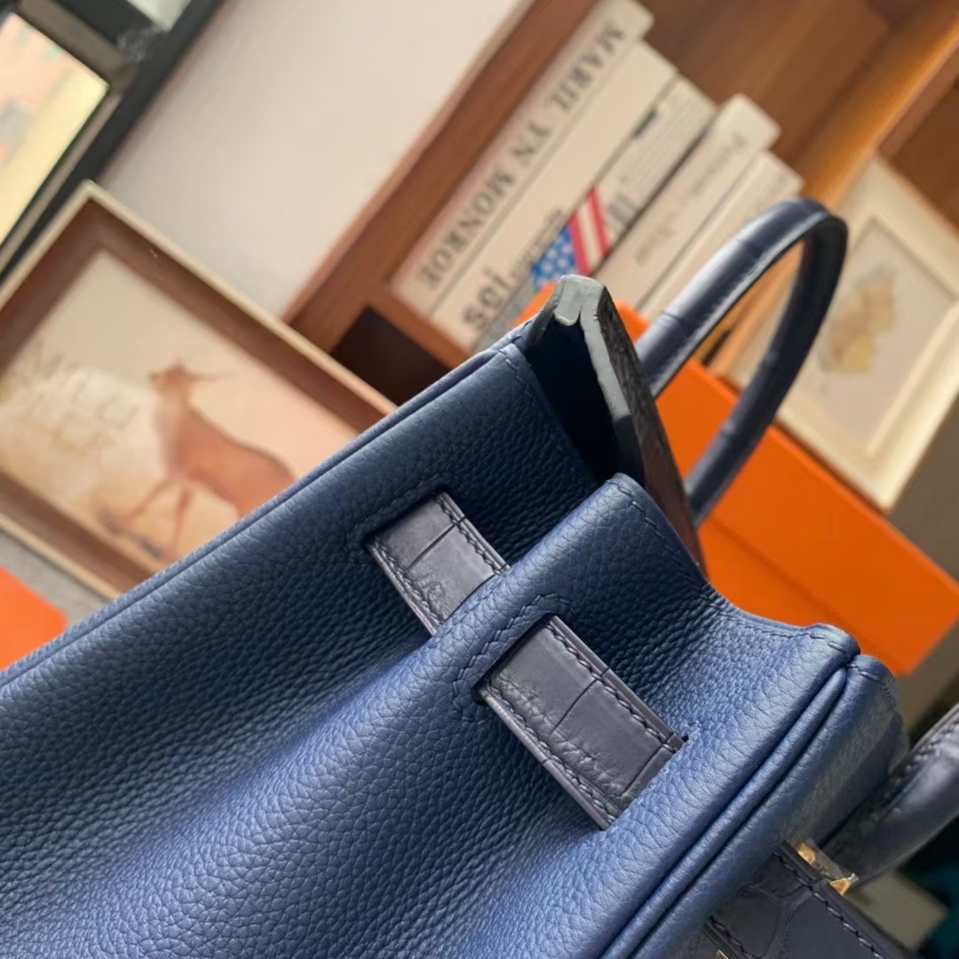 Hermès（爱马仕）Birkin 铂金包 午夜蓝 原厂御用顶级小牛皮拼鳄鱼皮 金扣 30cm