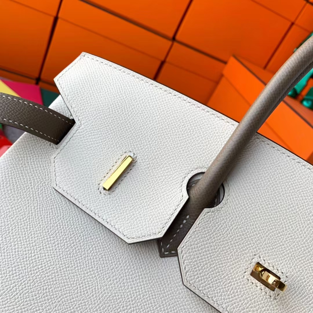 Hermès（爱马仕）Birkin 铂金包 奶昔白拼大象灰 原厂御用顶级Epsom皮 金扣 35cm