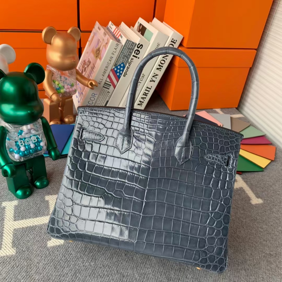 Hermès（爱马仕）Birkin 铂金包 风暴蓝 原厂御用顶级亮面鳄鱼皮 30 金扣 现货