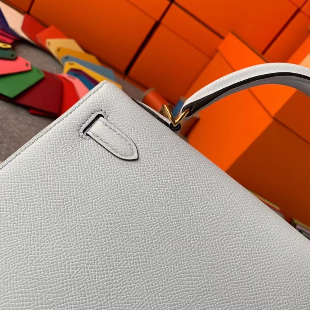Hermès（爱马仕）Kelly 凯莉包 雾蓝色 原厂御用顶级Epsom皮 外缝 金扣 25cm