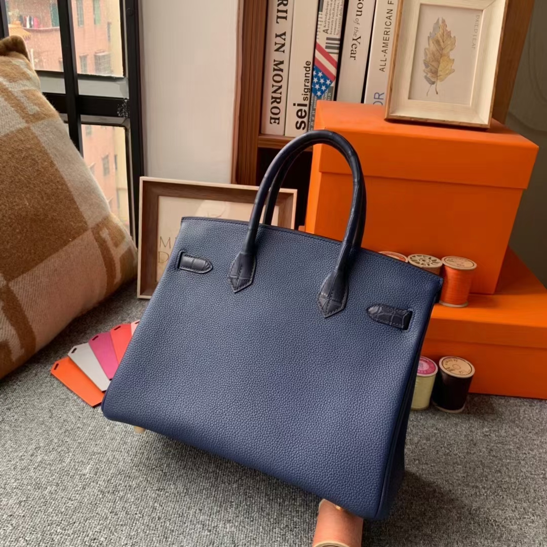 Hermès（爱马仕）Birkin 铂金包 午夜蓝 原厂御用顶级小牛皮拼鳄鱼皮 金扣 30cm