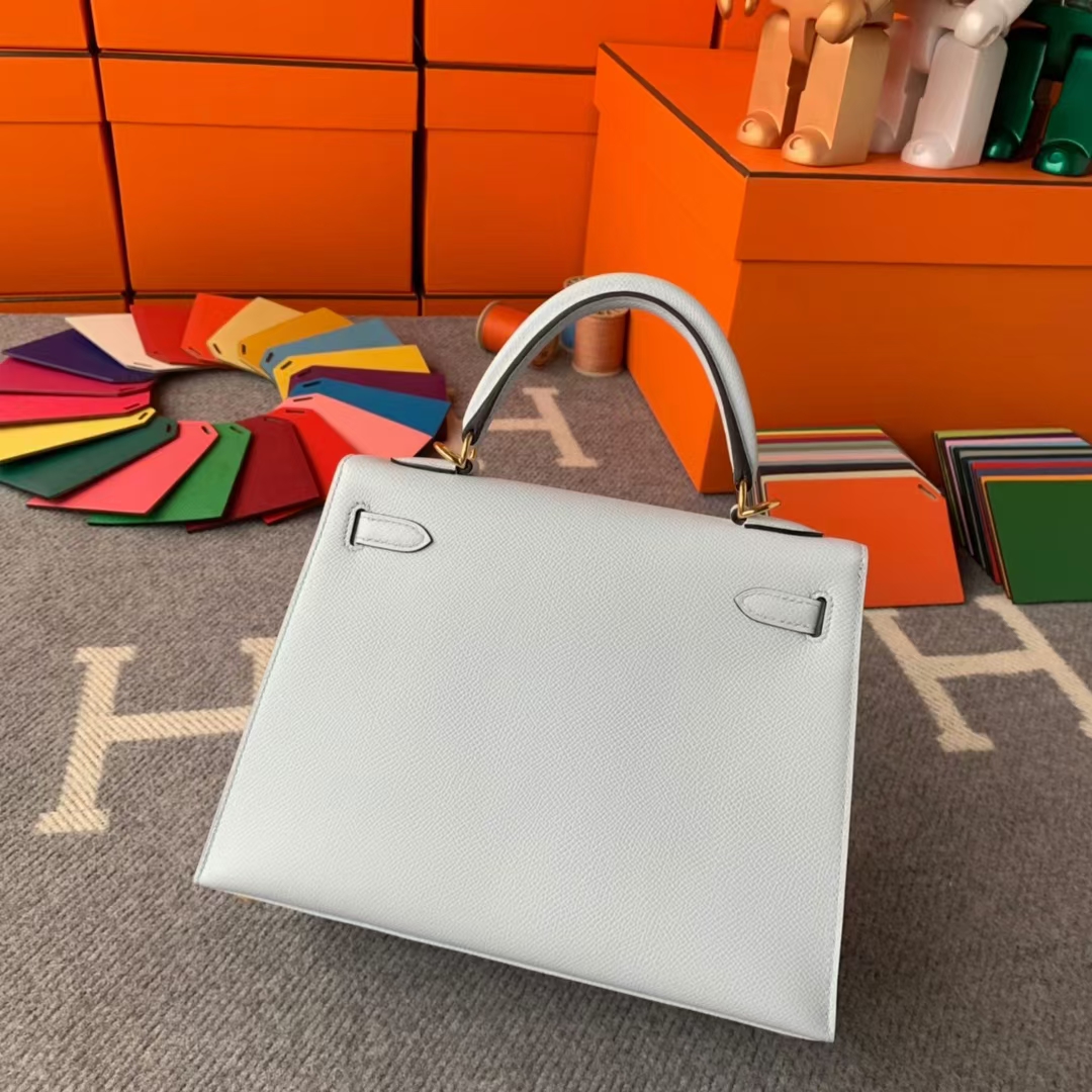 Hermès（爱马仕）Kelly 凯莉包 雾蓝色 原厂御用顶级Epsom皮 外缝 金扣 25cm