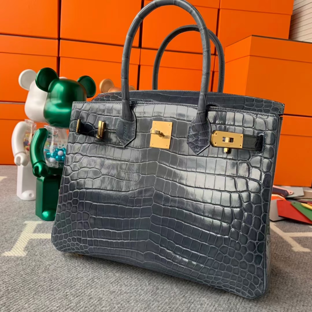 Hermès（爱马仕）Birkin 铂金包 风暴蓝 原厂御用顶级亮面鳄鱼皮 30 金扣 现货