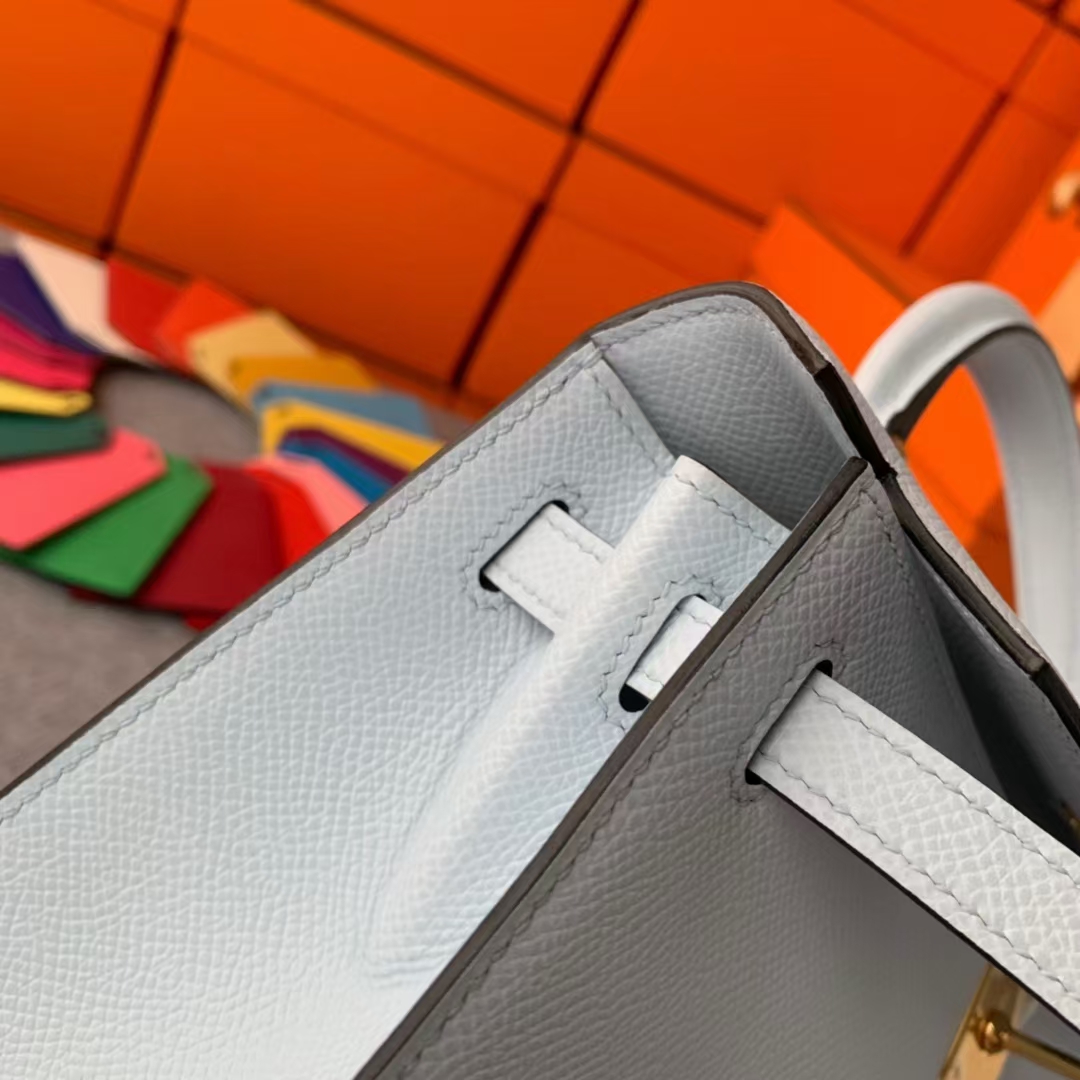 Hermès（爱马仕）Kelly 凯莉包 雾蓝色 原厂御用顶级Epsom皮 外缝 金扣 25cm