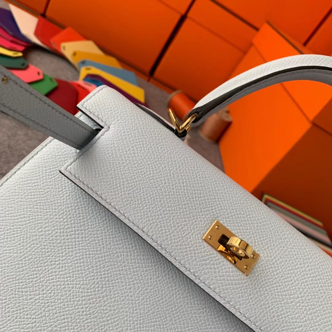 Hermès（爱马仕）Kelly 凯莉包 雾蓝色 原厂御用顶级Epsom皮 外缝 金扣 25cm