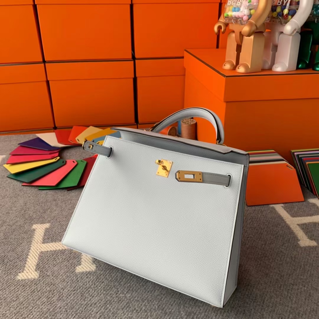 Hermès（爱马仕）Kelly 凯莉包 雾蓝色 原厂御用顶级Epsom皮 外缝 金扣 25cm