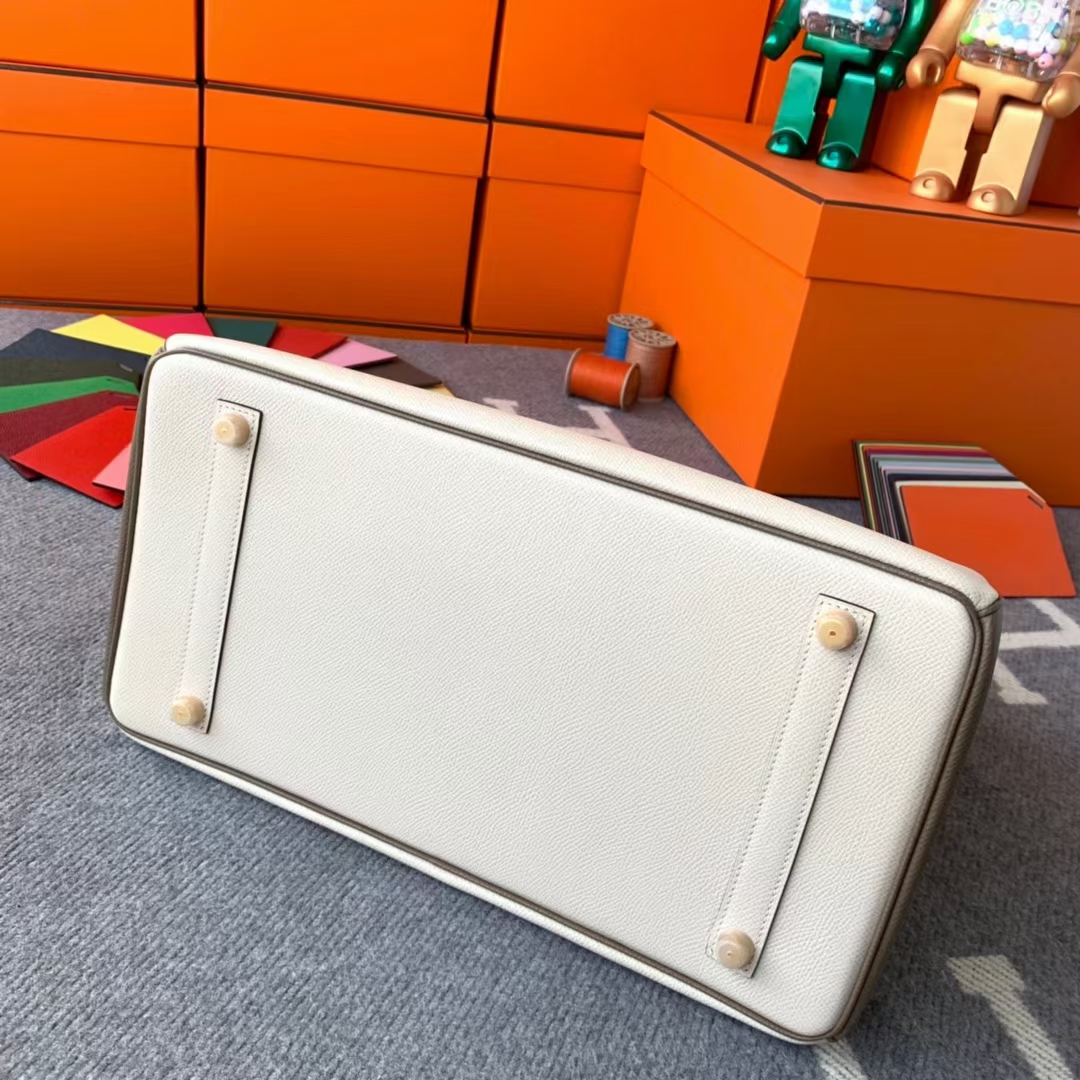 Hermès（爱马仕）Birkin 铂金包 奶昔白拼大象灰 原厂御用顶级Epsom皮 金扣 35cm