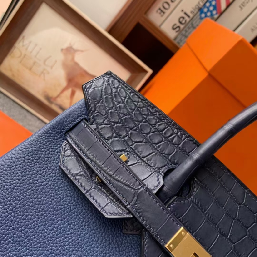 Hermès（爱马仕）Birkin 铂金包 午夜蓝 原厂御用顶级小牛皮拼鳄鱼皮 金扣 30cm