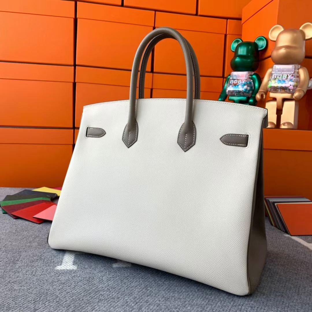 Hermès（爱马仕）Birkin 铂金包 奶昔白拼大象灰 原厂御用顶级Epsom皮 金扣 35cm
