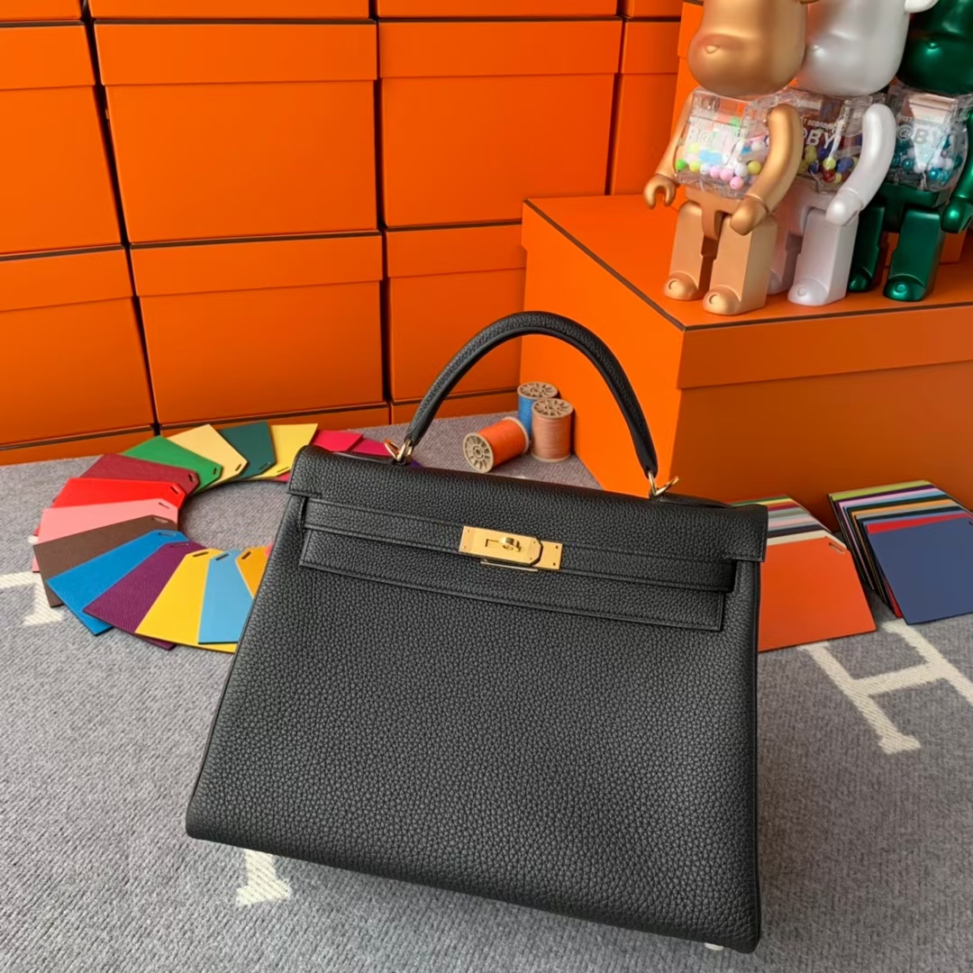 Hermès（爱马仕）Kelly 凯莉包 CK89黑色 原厂御用顶级小牛皮 金扣 32cm 现货