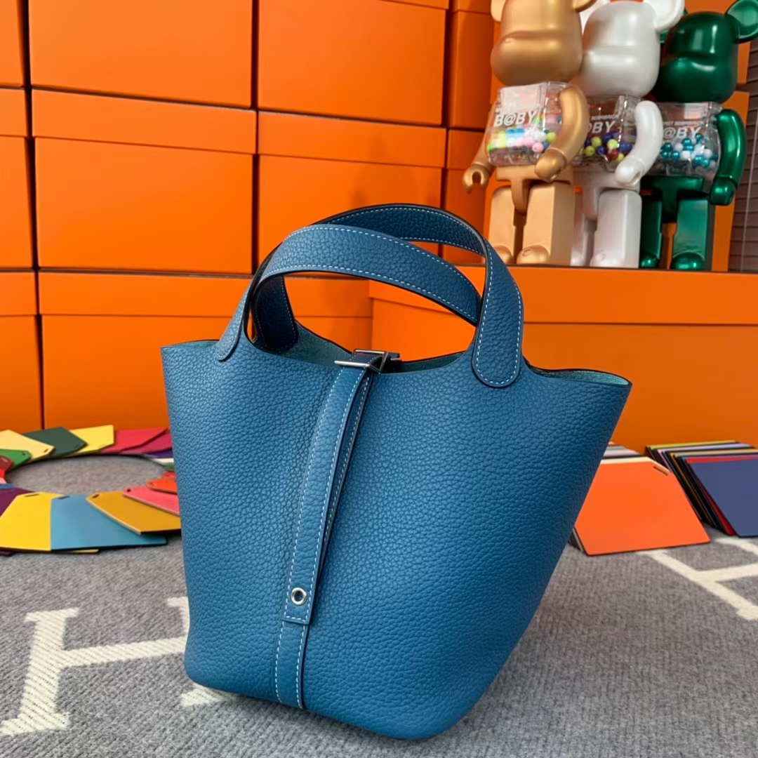 Hermès（爱马仕）Picotin Lock 菜篮包 牛仔蓝 原厂御用顶级TC 皮 银扣 18cm