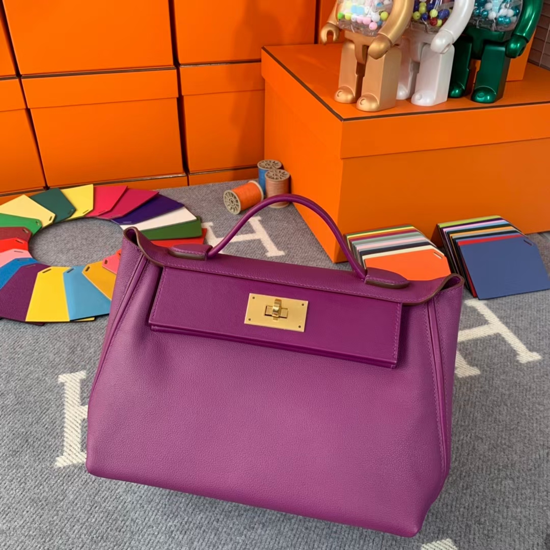 Hermès（爱马仕）Kelly  2424 海葵紫 原厂御用顶级Evercolor皮拼Swift 皮 金扣 现货