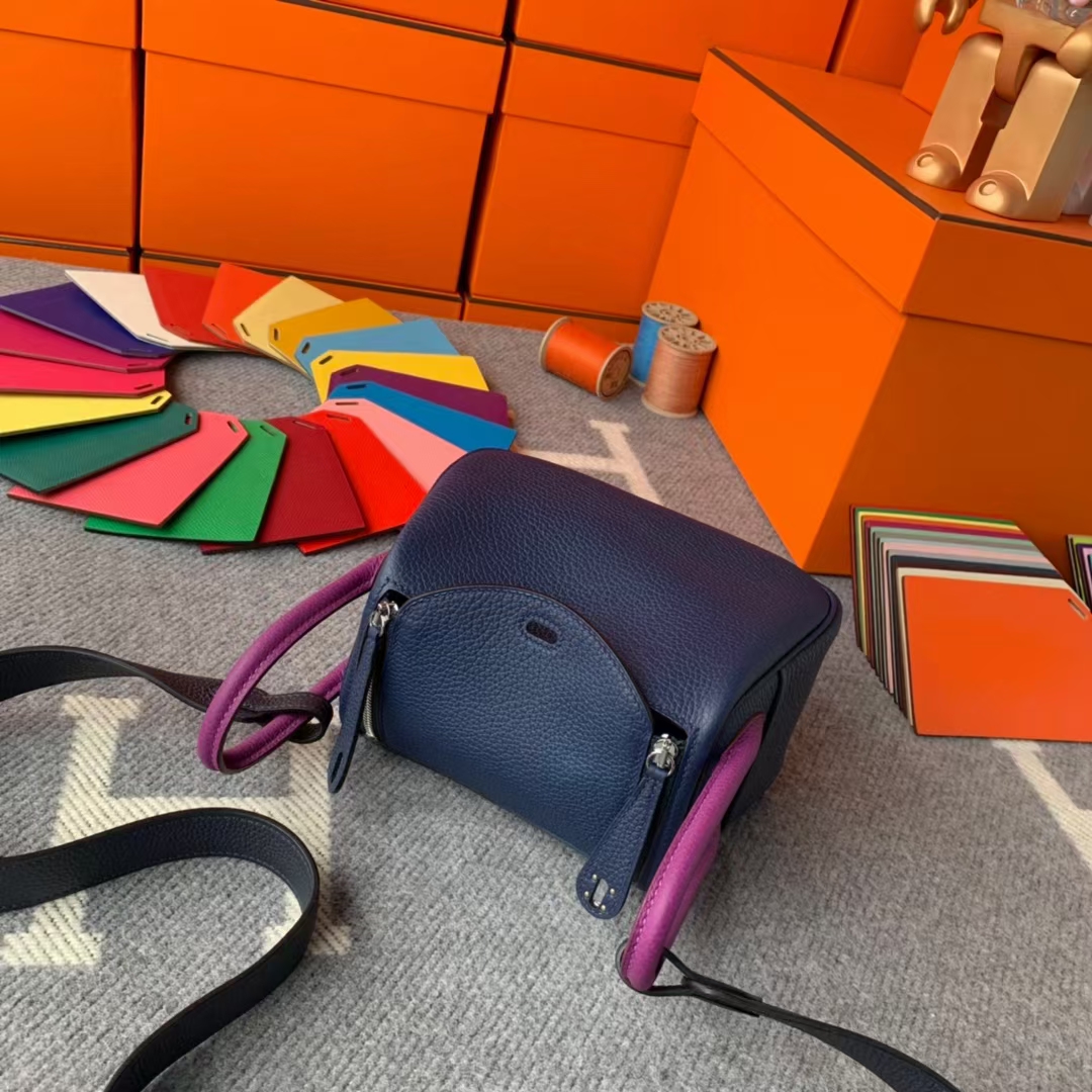 Hermès（爱马仕）Mini Lindy 迷你琳迪 宝石蓝拼午夜蓝拼海葵紫 原厂御用顶级小牛皮 银扣