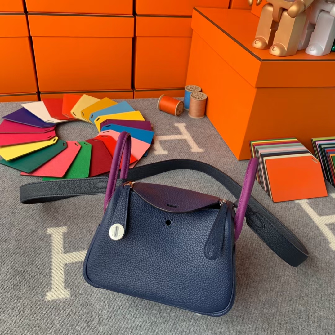 Hermès（爱马仕）Mini Lindy 迷你琳迪 宝石蓝拼午夜蓝拼海葵紫 原厂御用顶级小牛皮 银扣
